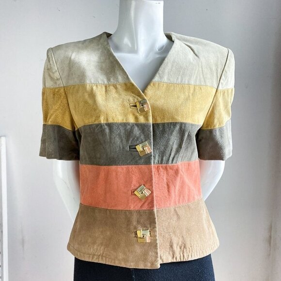 Vintage Earth Tones Colourblock Suede Button Down Cropped Short Sleeve Jacket S - Picture 3 of 7